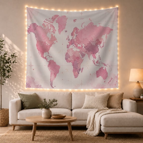 Pink Watercolor World Map Against a White Background, Romantic Minimalist for Geography Lovers, Educational Wall Art Decor, Housewarming Gift Tapestry Wall Hanging for Bedroom and Living Room
