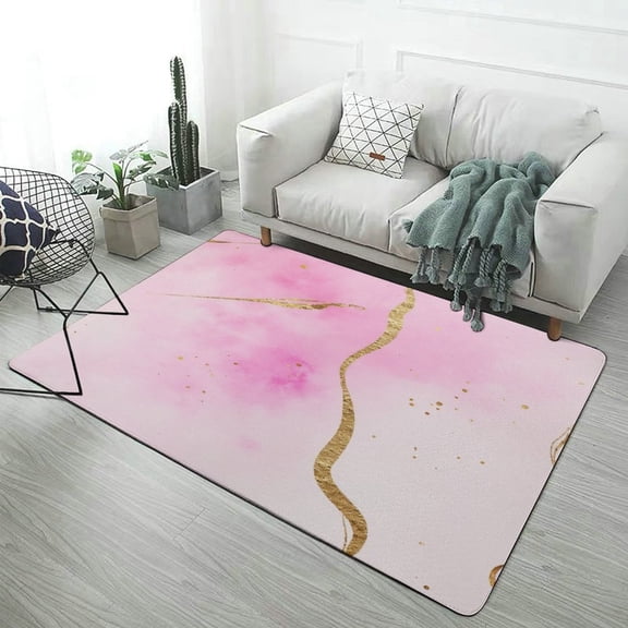 Pink Watercolor with Gold Swirls Carpet for Home Decoration Rugs Soft Carpet for Bedroom Room Living Room Bathroom Entrance Door Non-slip Comfort Mat