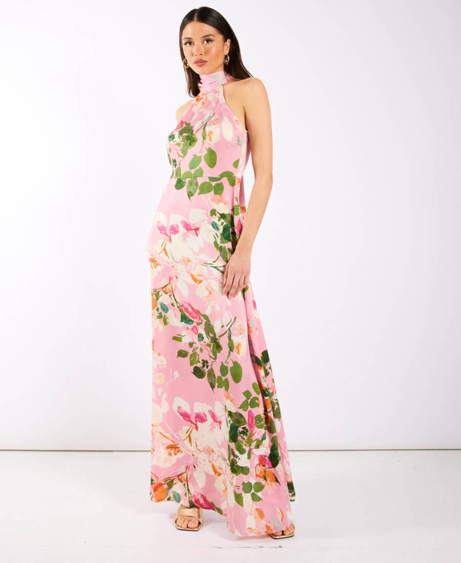 Sleeveless High Neck Floral Maxi Dress - Pink main image 1