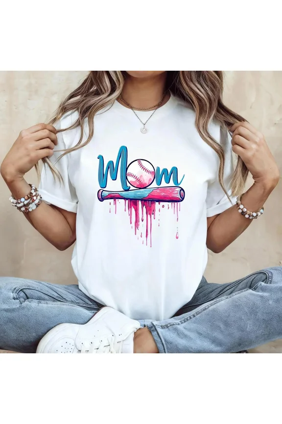 Pink Waterdrop Paddle Paddle Washed Cotton Baseball Mom Printed Round Neck Short Sleeve T-shirt