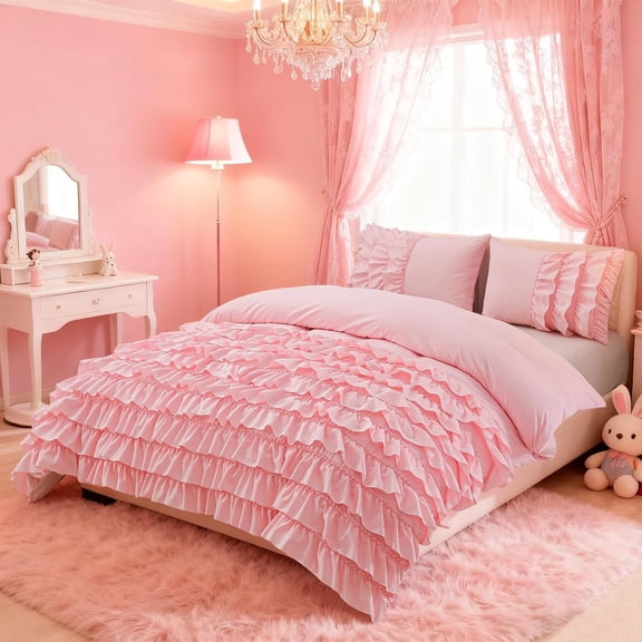 Pink Waterfall Ruffle Comforter Set Queen Size Multi-Layers Ruffled Shabby Chic 3PCS Bedding Set for Girls Women