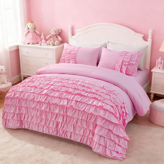Pink Waterfall Ruffle Comforter Set Twin Size Multi-Layers Ruffled Shabby Chic 3PCS Bedding Set for Girls Women, Kids Teens Ruched Dorm Bed Set
