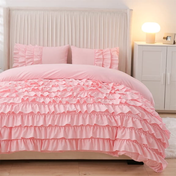 Pink Waterfall Ruffle Comforter Set Twin Size Multi-Layers Ruffled Shabby Chic 3PCS Bedding Set for Girls Women