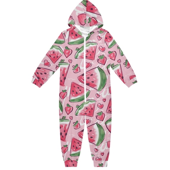 Pink Watermelon Heart Pattern One Piece Pajamas Soft Jumpsuit Cozy Sleep and Play Romper Zipper and Pockets 7T-8T