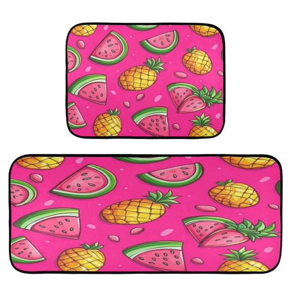 Pink Watermelon Pineapple 2-Piece Kitchen Carpet Mat Set, Non-Slip Memory Foam, Soft for Kitchen and Living Room Use