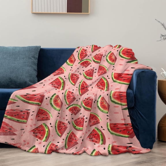 Pink Watermelon Print Flannel Throw Blanket, Cute Summer Fruit Pattern Cozy Blanket, Soft Warm Lightweight Blanket for Sofa Bedroom Decor, Fun Tropical Gift for Kids and Adults