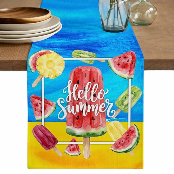 Pink Watermelon Table Runner, Summer Botanical Watercolor Washable Cotton Linen Table Runners 36 Inches Long, Dresser Scarf Runner for Nightstand/End Tables/Round Tables 13''x36''