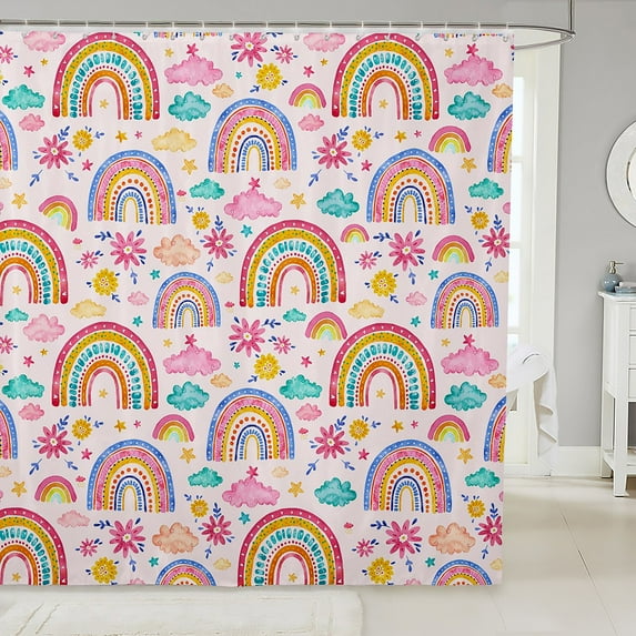 Pink Waterproof Bathroom Curtain Watercolor Rainbow Bath Curtain, Chic Floral Flower Shower Curtain Teal Blue Clouds Bathroom Curtains, Groovy Party Shower Accessories