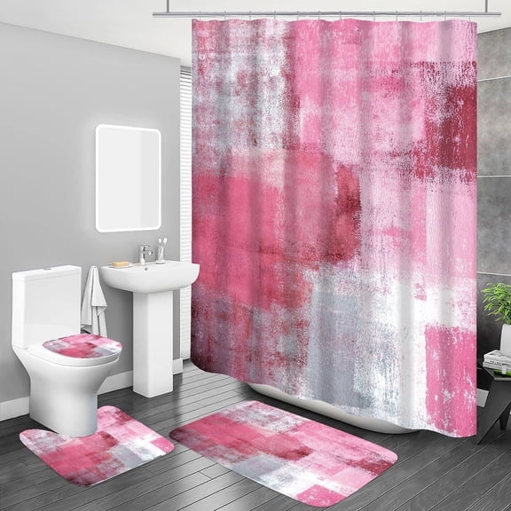 All Smiles Bathroom Sets Pink Shower Curtains with 12 Hooks Large Bath Mat, Toilet Lid Cover and U-Shape Rugs for Home Hotel Decor