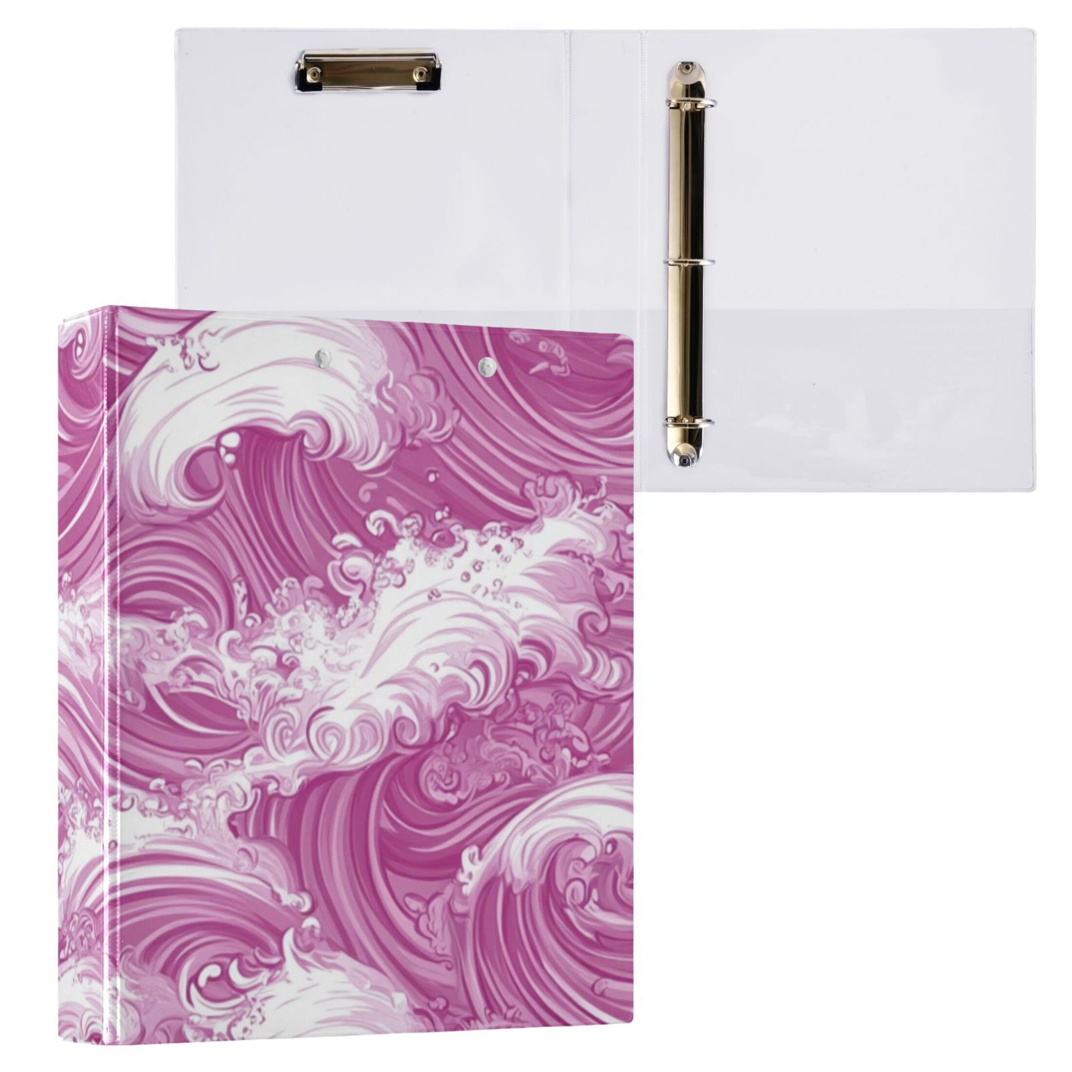 Pink Waves 3 Ring Binders 1.5 inch Hardcover File Folders with Interior Pockets A4 Size Organizer for School Office Hospital