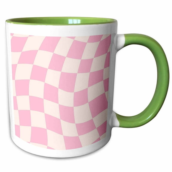 3drose, Pink Wavy Checkered Pattern Print, 15oz Two-tone Green Mug