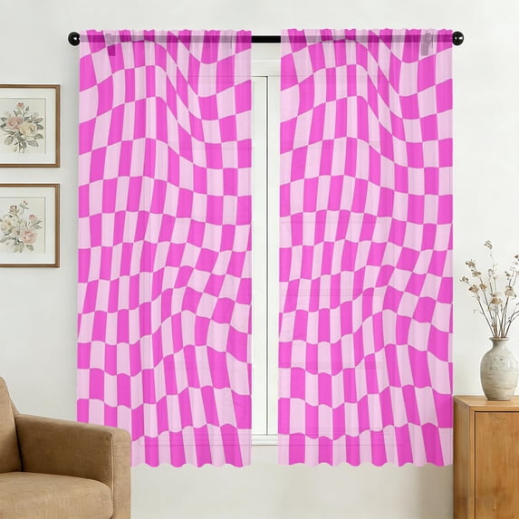 Pink Wavy Checkered Pattern Sheer Curtains, Voile Drapes with Dual Rod ...