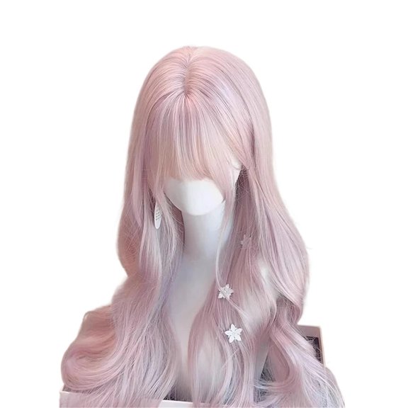 Pink Wavy Synthetic Wigs with Bangs Long Curly Hair Cosplay Layered Wig for Daily Use