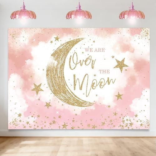 Pink We are Over The Moon Baby Shower Backdrop for Girls custom 47.2×11 ...