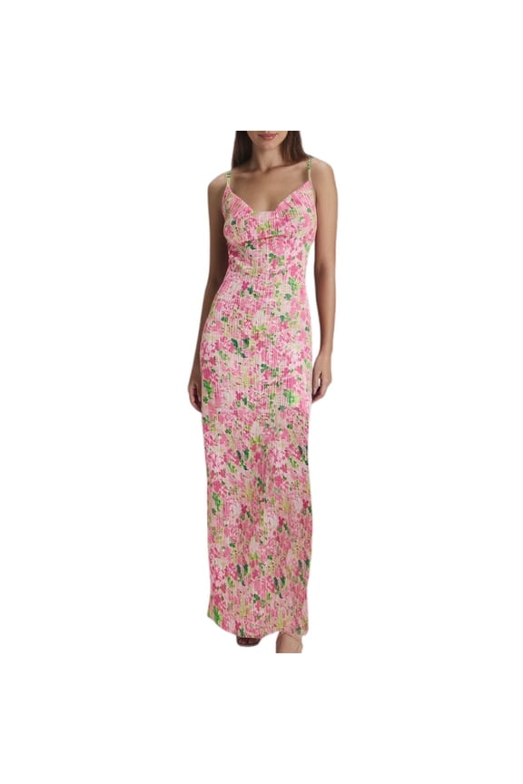 Pink Wedding Guest Dress Elegant Women's Formal Dress with Pleated Detailing for Weddings and Celebrations Strappy Long Gown with Low Neckline for Spring and Summer Seasons S polyester