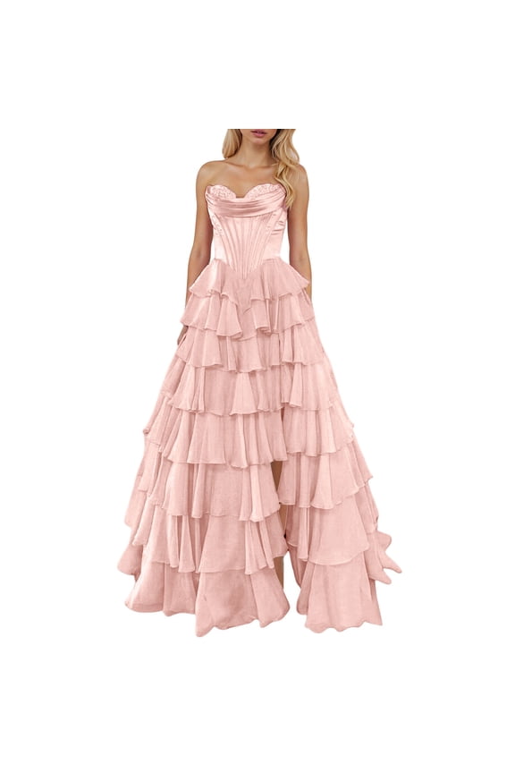 Pink Wedding Guest Dress Strapless Corset Dress for Women Long A Line All Dress Made of Chiffon Tiered Evening Dress with Slit S Polyester Women's Casual Dress