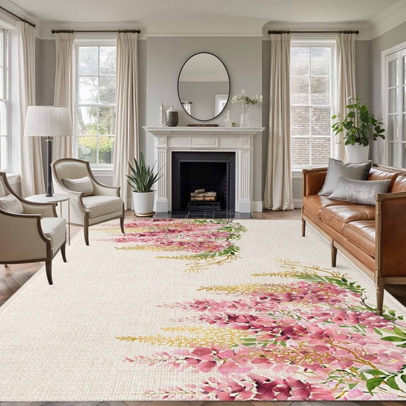 Pink Weeping Floral Area Rugs 5'x8', Washable Small Throw Rugs for Classroom Bedroom, Spring Summer Pastoral Flowers Rustic Indoor Outdoor Rug Non-Slip Low Pile Carpet Runner Reversible Floor Mats