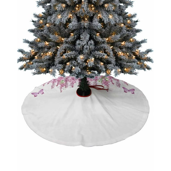 Pink Weeping Floral Christmas Tree Skirt 48 Inches Large Christmas Skirt Tree, Spring Summer Botanical Butterfly Tree Skirt Christmas Decorations for Fireplace Party Holidays Indoor Outdoor