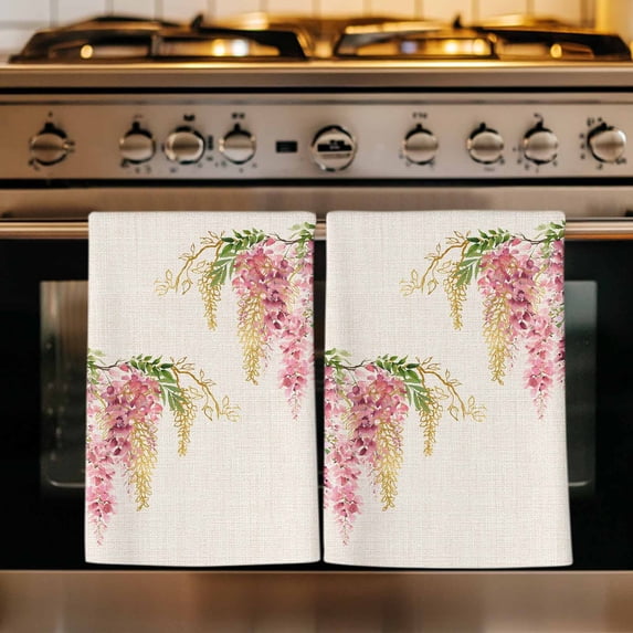 Pink Weeping Floral Kitchen Towels Set of 3, Spring Summer Pastoral Flowers Rustic Absorbent Dish Towels for Kitchen, Microfiber Hand Towel, Quick Drying Tea Towel for Cleaning Decorative Dishcloths