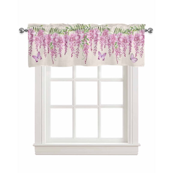 Pink Weeping Floral Linen Curtain Valance for Bedroom/Bathroom/Kitchen/Office/Living/Dining Room Window,Spring Summer Botanical Butterfly Rustic Rod Pocket Topper Decorative Cafe Drapes Panel 54x18