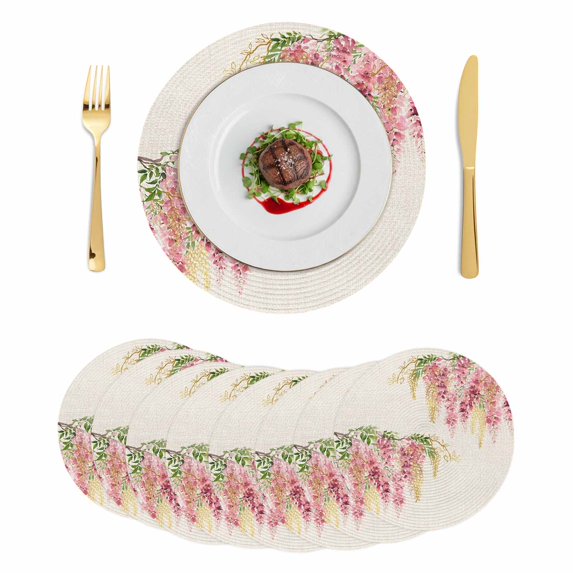 Pink Weeping Floral Round 13 Inch Placemats Set of 8, Spring Summer Pastoral Flowers Rustic HeatResistant Non Slip Place Mats for Dining Table, Wipeable Braided Kitchen Table Mats for Housewarming