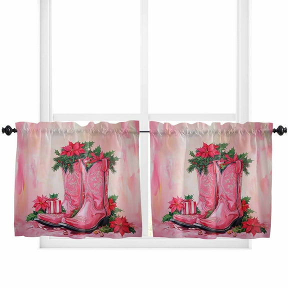Pink Western Christmas Kitchen Curtain 2 Panels Tiers Curtains 24 Inch Length, Xmas Botanical Poinsettia Curtains Rod Pocket Curtains Window Drapes Treatment Window Cafe Curtains
