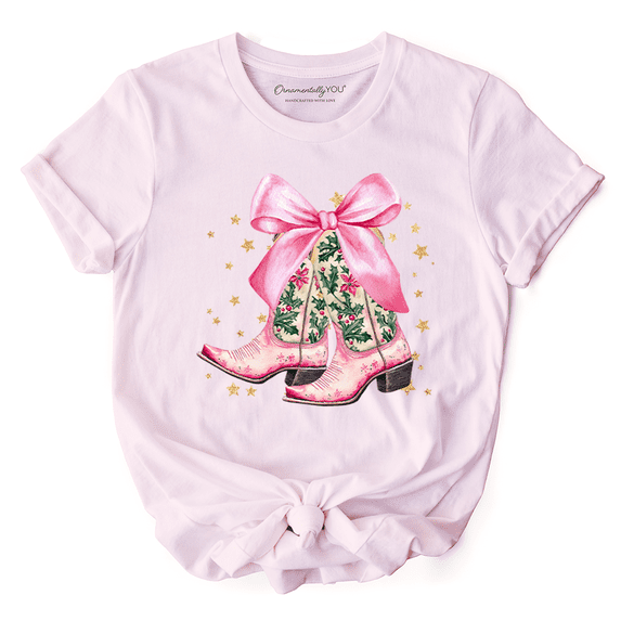 Pink Western Coquette Cowgirl Boots T-Shirt, Country Holiday Tee