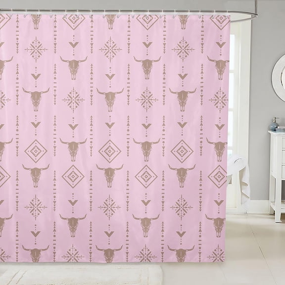 Pink Western Cow Skull Shower Curtain Boho Aztec Bull Head Fabric Bathroom Decor 71x71 inches
