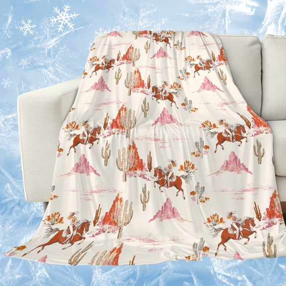 Pink Western Cowboy Cooling Blanket,Lightweight Breathable Summer Throw Blanket with Double Sided Cold Effect,Retro Ethnic Horse Cactus Plants Picnic Blankets Bed Sheet for Hot Sleepers 40"x60"