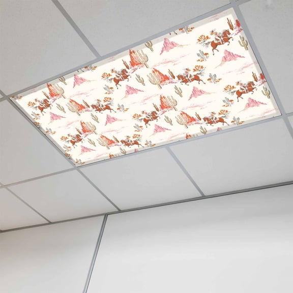 Pink Western Cowboy Magnetic Fluorescent Light Covers for Ceiling Lights 2x4Ft, Retro Ethnic Horse Cactus Plants Office Classroom Kitchen Drop Ceiling Light Covers Lighting Filters Shade Panel 1 Pack