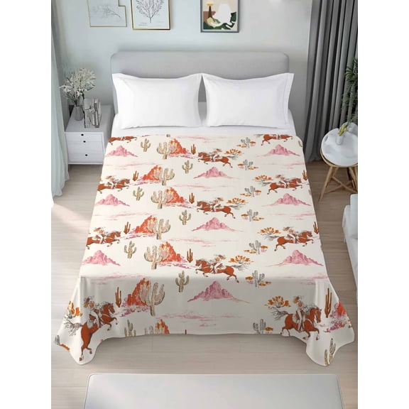 Pink Western Cowboy Queen Size Flat Sheet, Wrinkleproof & Fadeproof Cooling Flat Bed Sheet Only, Retro Ethnic Horse Cactus Plants Breathable Soft Bedding Top Sheets 90 x 102 Inches