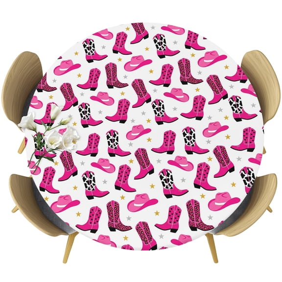 Pink Western Cowboys Round Tablecloth 45-54 Inch Round Fitted Table Cloth with Elastic Edge, American Country Leopard Print Boots Waterproof Table Cover Protector for Outdoor Picnic Party Dining