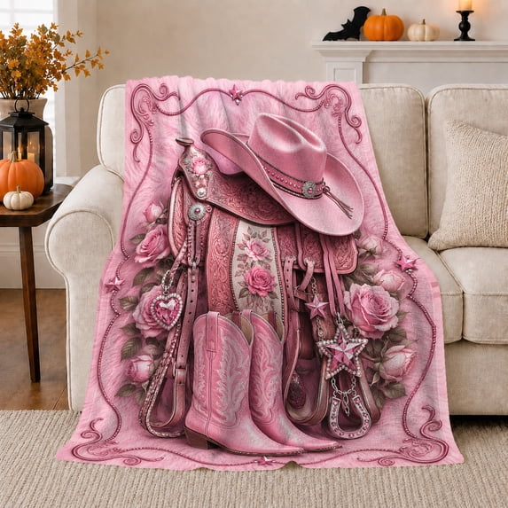 Pink Western Cowgirl Boots Saddle Equestrian, Rustic Farmhouse Horse Scene, Warm Flannel Blanket for Ranch House and Living Room, Horse Lovers Housewarming Gift, Rustic Home Decor