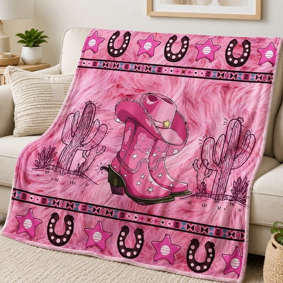 Pink Western Cowgirl Cowboy Boots and Cactus Print Fleece Throw Blanket, Soft 280 GSM Polyester, Rustic Decor