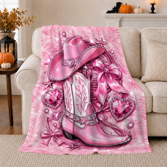 Pink Western Cowgirl Glam Country, Playful Rustic Scene, Warm Flannel Blanket for Living Room and Bedroom, Celestial Art Lovers Valentine's Day Gift, Rustic Home Decor