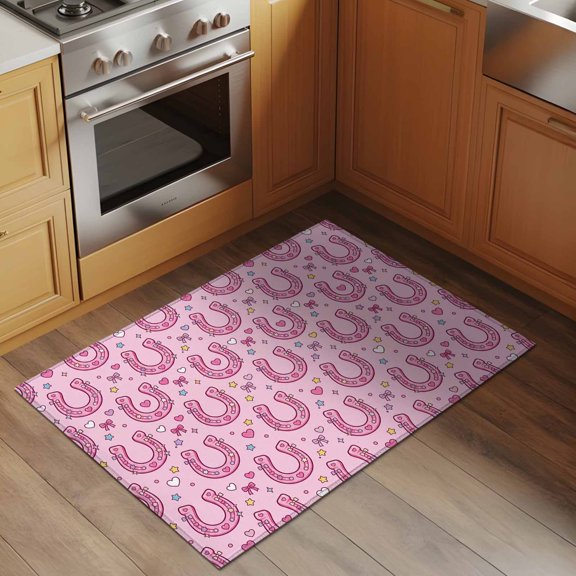 Pink Western Style 2x3 Rug for Entryway Front Door Kitchen Sink Area, Horseshoe Love Star Bow Cute Cartoon Low Pile Washable Non Slip Rectangle Area Rug