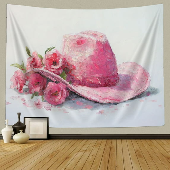Pink Western Tapestry, Funny Hot Pink Cowgirl Hat Tapestry for Bedroom, Preppy Howdy Cowgirl Tapestry Aesthetic Wall Hanging for Teen Girls Women College Dorm Living Room Party Decor, 60X40IN