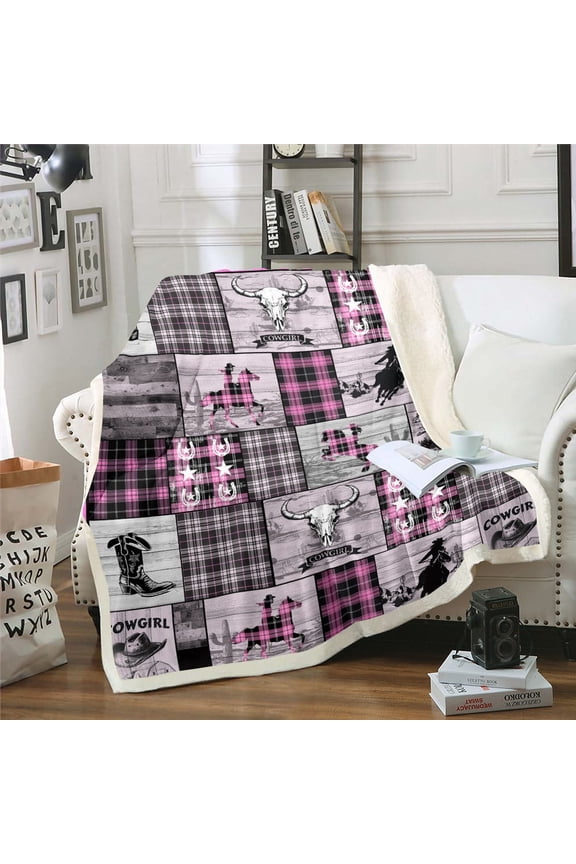 Pink Western Throw Blanket For Teen Queen 90"X90" Country Cowgirl Fleece Bed Blanket West Cow Skull Horse Sherpa Blanket ,Rustic Farmhouse Buffalo Plaid Flannel Blanket Bedroom Decor