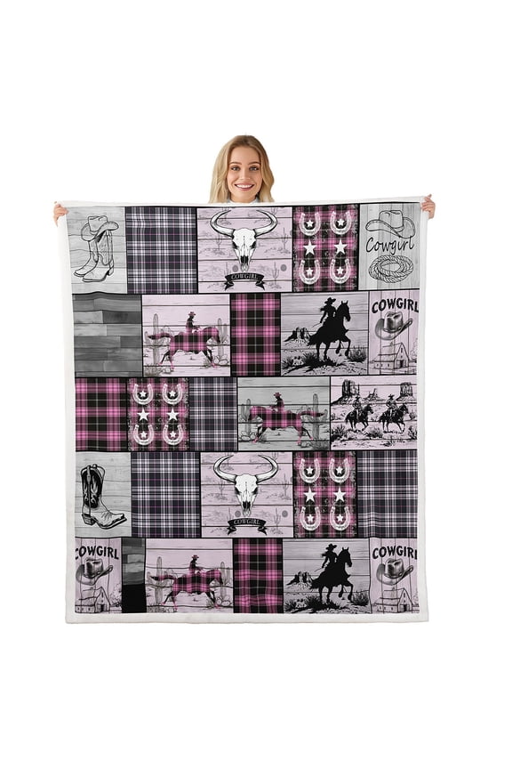 Pink Western Throw Blanket For Teen Queen 90"X90" Country Cowgirl Fleece Bed Blanket West Cow Skull Horse Sherpa Blanket ,Rustic Farmhouse Buffalo Plaid Flannel Blanket Bedroom Decor