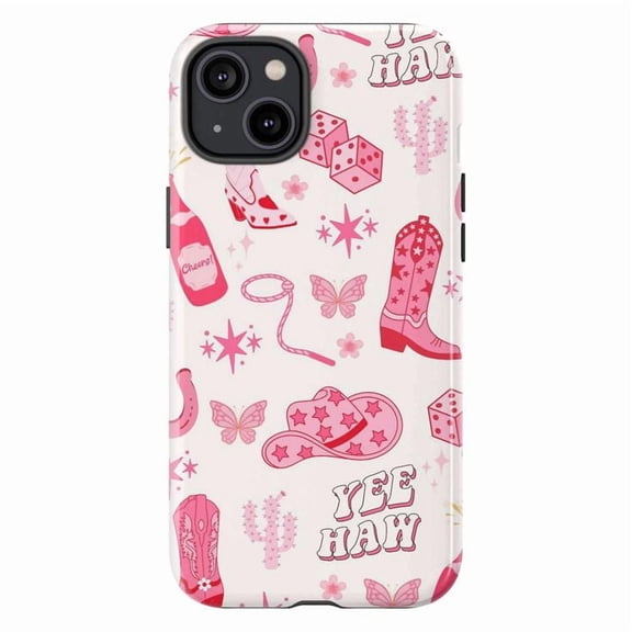 Pink Western Yee Haw Phone Case, Cowgirl Boots and Butterfly Pattern iPhone Cover, Cute Aesthetic Protective Case for iPhone 17 16 15 14 13 12 11 Plus Pro Max Mini