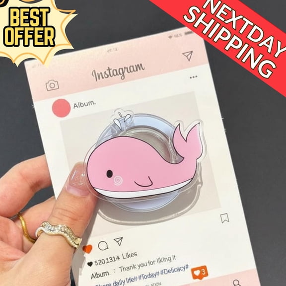 Pink Whale MagSafe Phone Grip Cute Kawaii Whale Design GripTok, Magnetic Phone Holder for Animal Lovers, Fun Gift for Kids and Fans