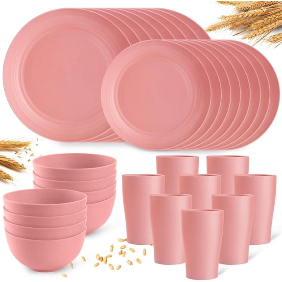 Pink Wheat Straw Dinnerware Set for 8 People 32-Piece Unbreakable Microwave-Safe Plastic Plates Bowls and Cups