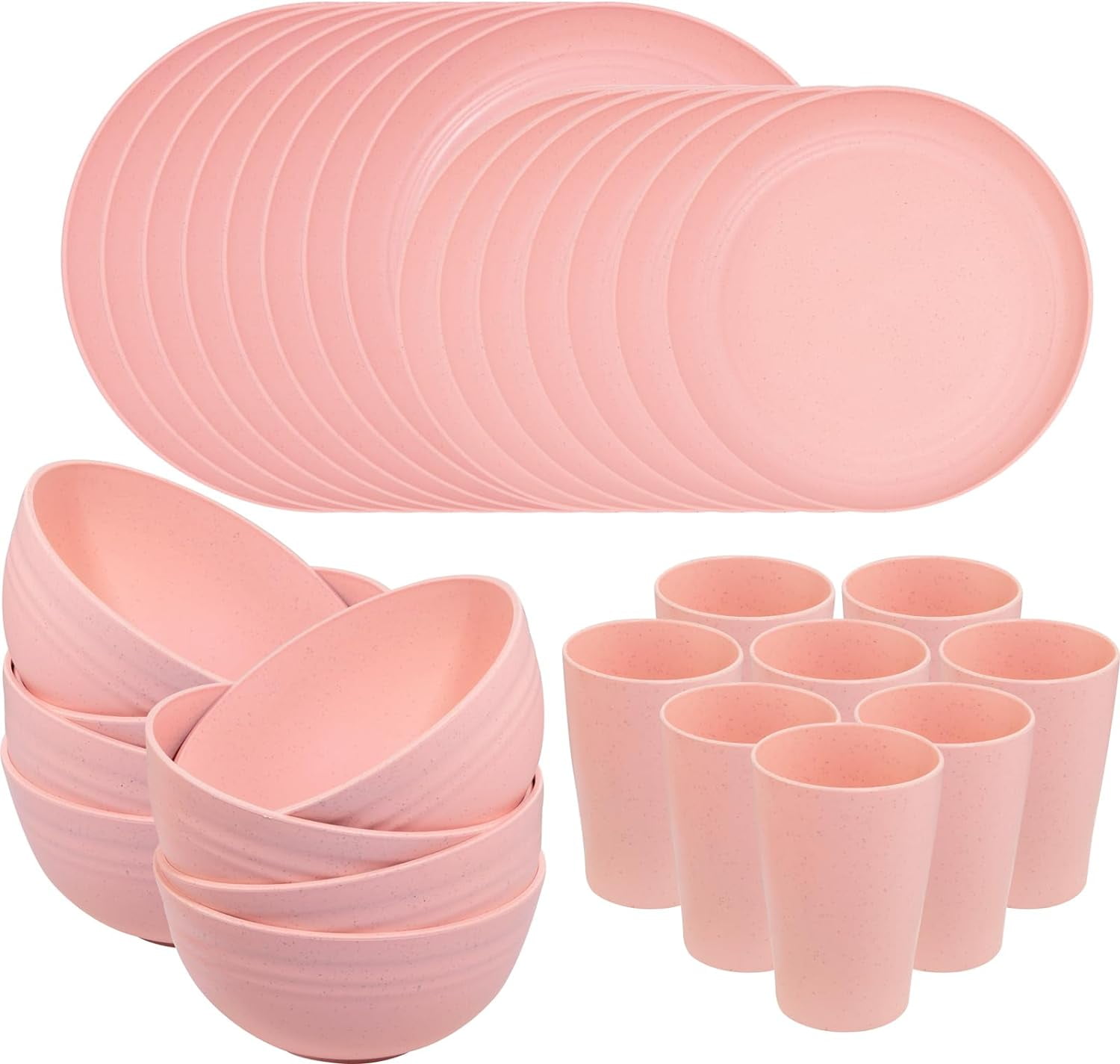 Pink Wheat Straw Dinnerware Sets, Pink Dishes for 8, Plates and Bowls Sets, Reusable Plastic