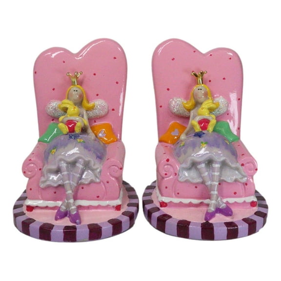 Pink Whimsical Fairy Queen Sitting On Giant Sofa With Magic Wand Bookends Set