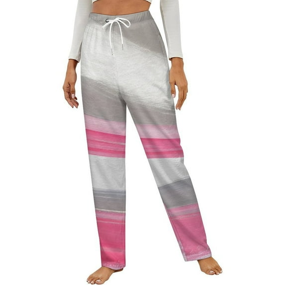Pink White Abstract Stripes Winter Female Pants Flannel High Waist Women Pants Lady Warm Straight Leg Plush Trousers