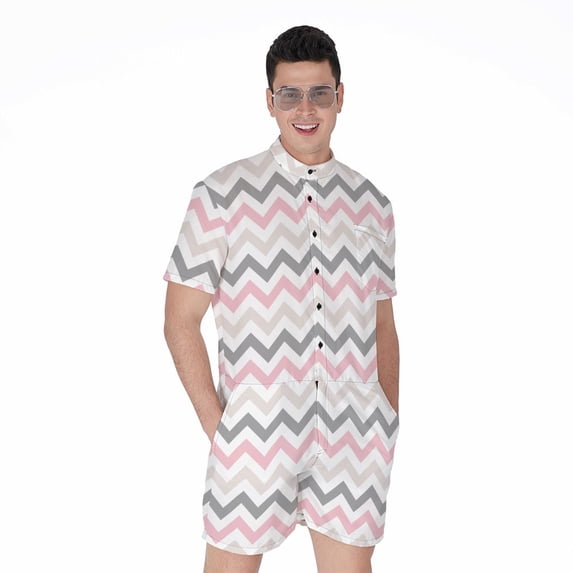 Pink White And Grey Chevron Short Sleeve Men'S Rompers, Chevron Wave Casual Summer Jumpsuits Outfit