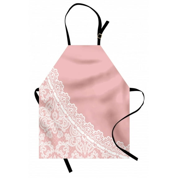 Pink and White Apron Lace Old Fashioned Border on Pink Color Wedding Theme Feminine Print, Unisex Kitchen Bib Apron with Adjustable Neck for Cooking Baking Gardening, Pale Pink White, by Ambesonne