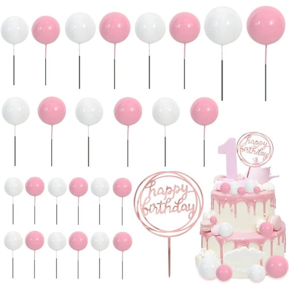 Pink and White Ball Cake Topper Mini Balloons Foam Ball Cupcake Toppers Happy Birthday Cake Insert Pick for Anniversary Wedding Cake Decorations Party
