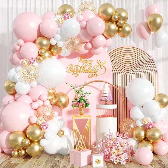 Pink and White Balloon Arch Kit, 121PCS Pink and Gold Balloon Garland Pastal Pink White Gold Confetti Balloons for Girls Birthday Baby Shower Wedding Bridal Shower Party Decorations Y114