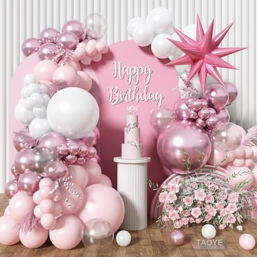 Pink and White Balloon Arch Kit, Pastel Pink Metallic Pink Pearl White Balloons Garland with Clear Balloons Explosion Star Foil Balloons for Girls Birthday Valentine's Day Princess Party Decorations